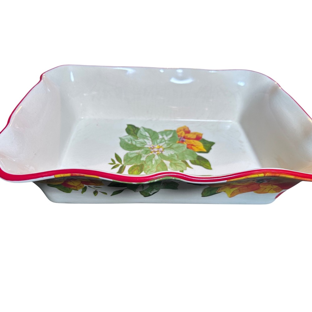 The Pioneer Woman Baking Dish Rectangle White Floral Scalloped Red Rim Stoneware